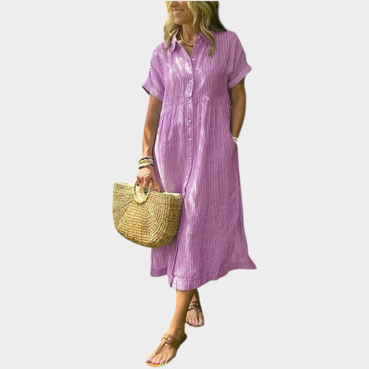 Women’s Striped Maxi Shirt Dress Lapel Collar Button Front