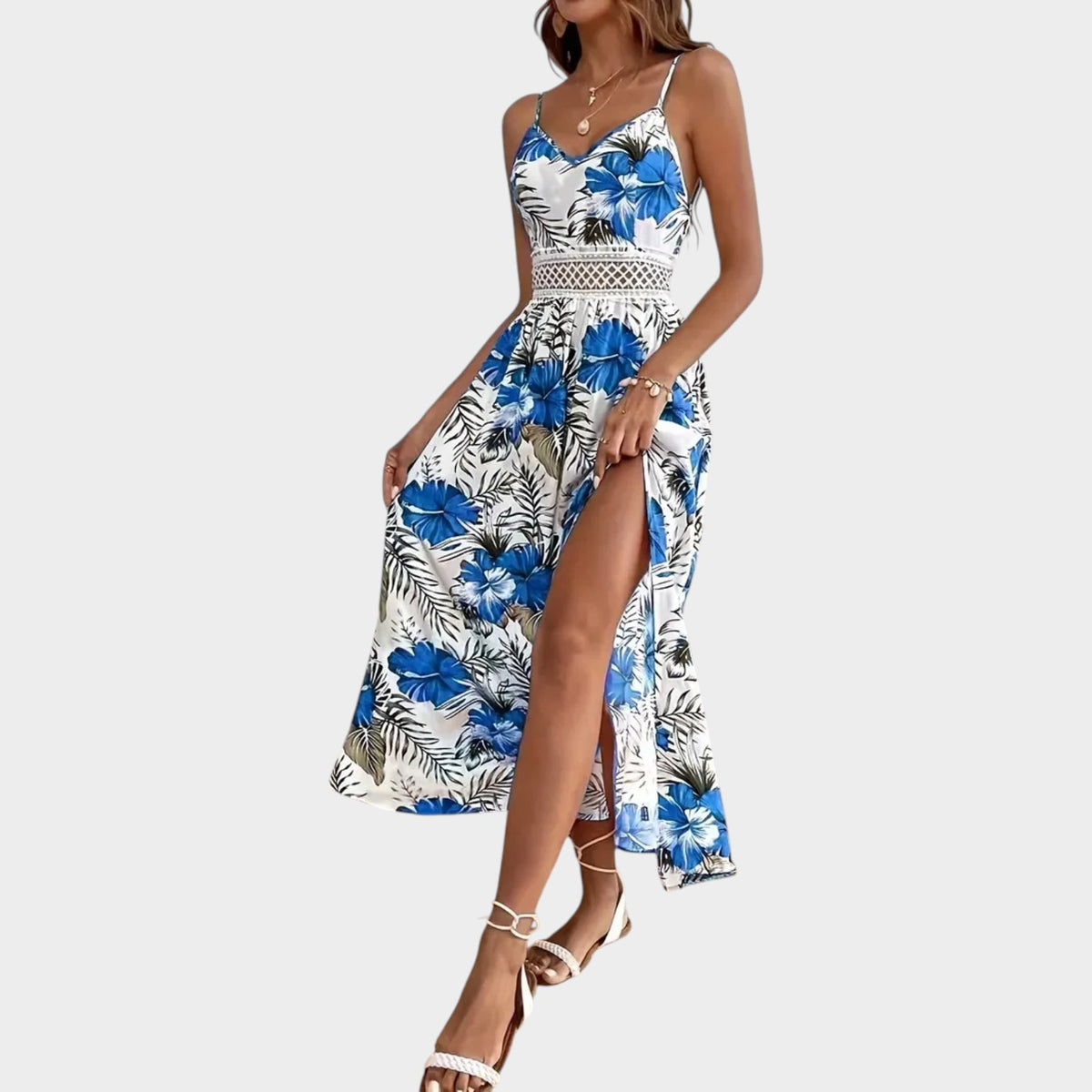 Women’s Floral Maxi Dress with Spaghetti Straps, Crochet Waist and Side Slit