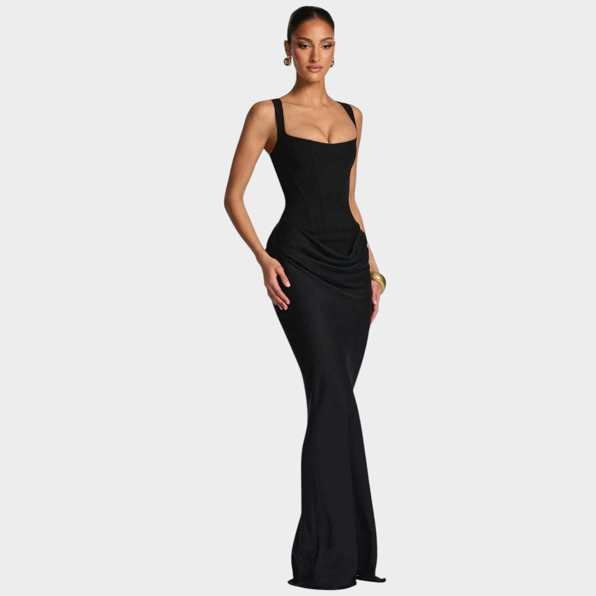 Women’s Sleeveless Maxi Evening Dress with Square Neckline and Draped Skirt