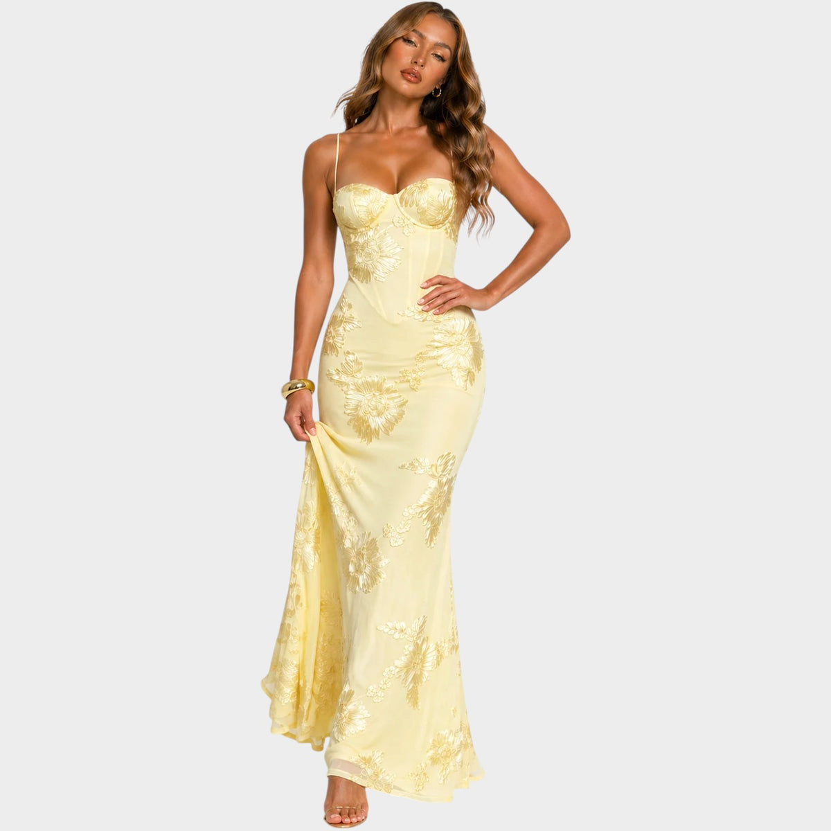 Women’s Floral Corset Maxi Dress with Sweetheart Neckline