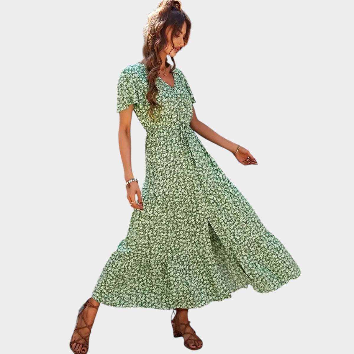 Women’s Floral Print Maxi Dress with V-Neckline, Short Sleeves and Button Front