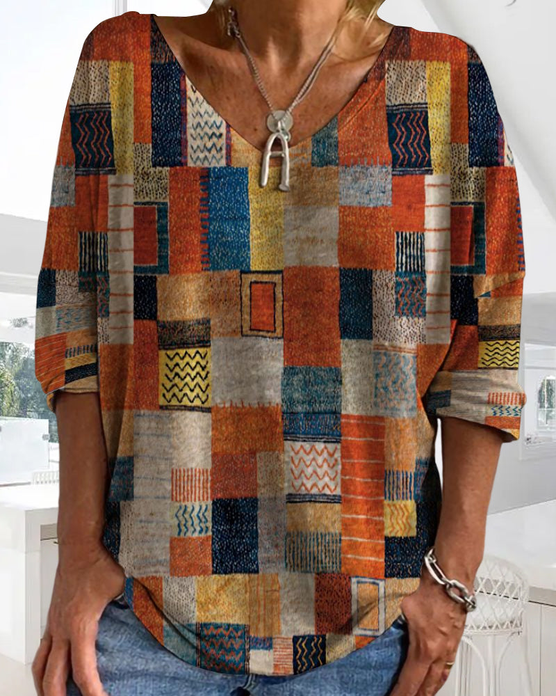 Imogen | Women's V-Neck 3/4 Sleeve Blouse with Patchwork Design