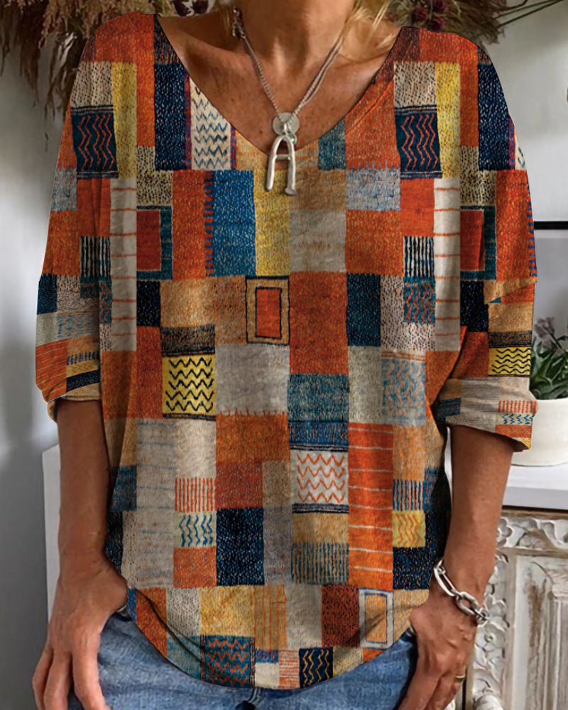 Imogen | Women's V-Neck 3/4 Sleeve Blouse with Patchwork Design