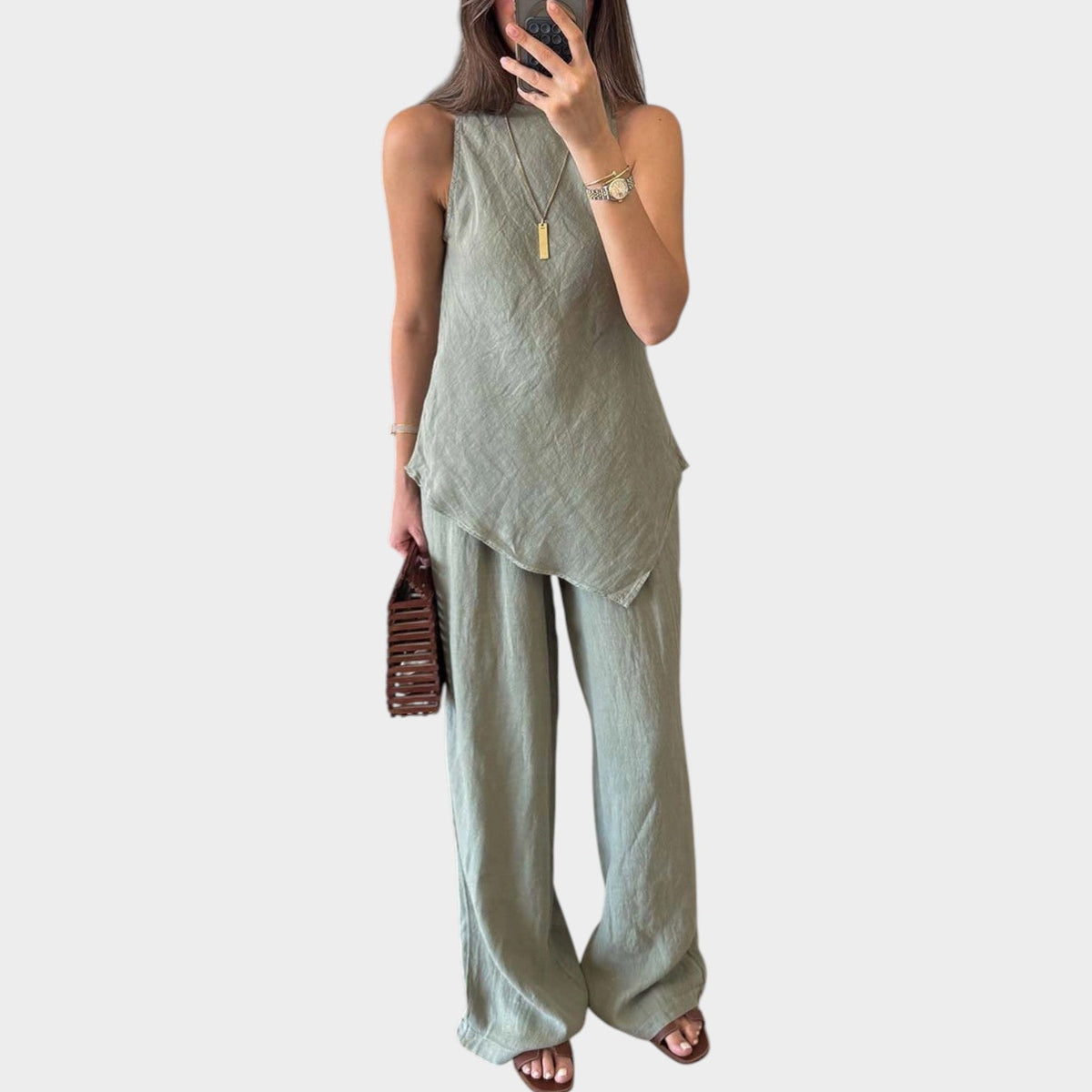 Women's Matching Set Linen Sleeveless Asymmetric Two Piece