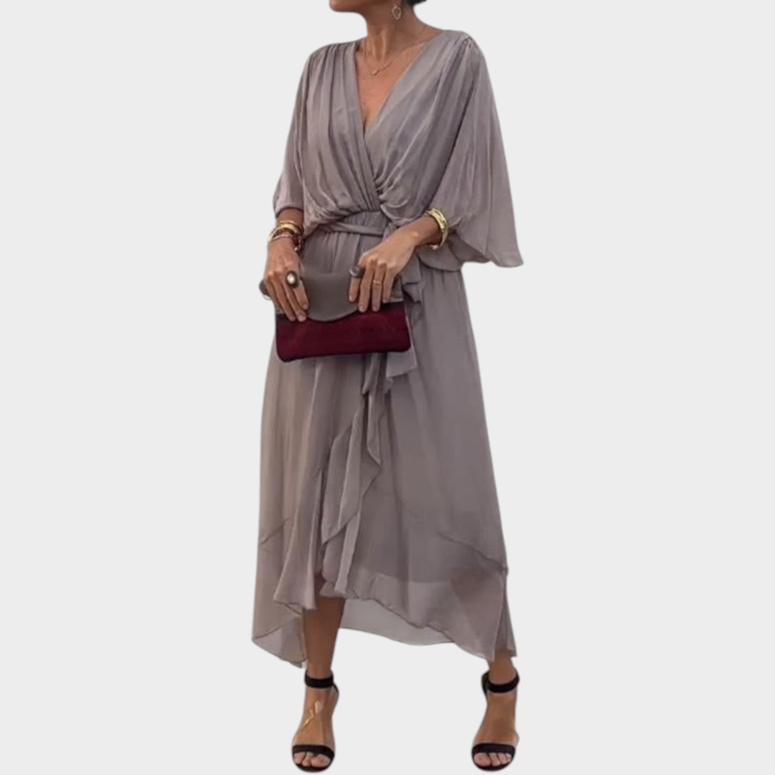 Cocktail Waist Tie V-Neck Midi Dress