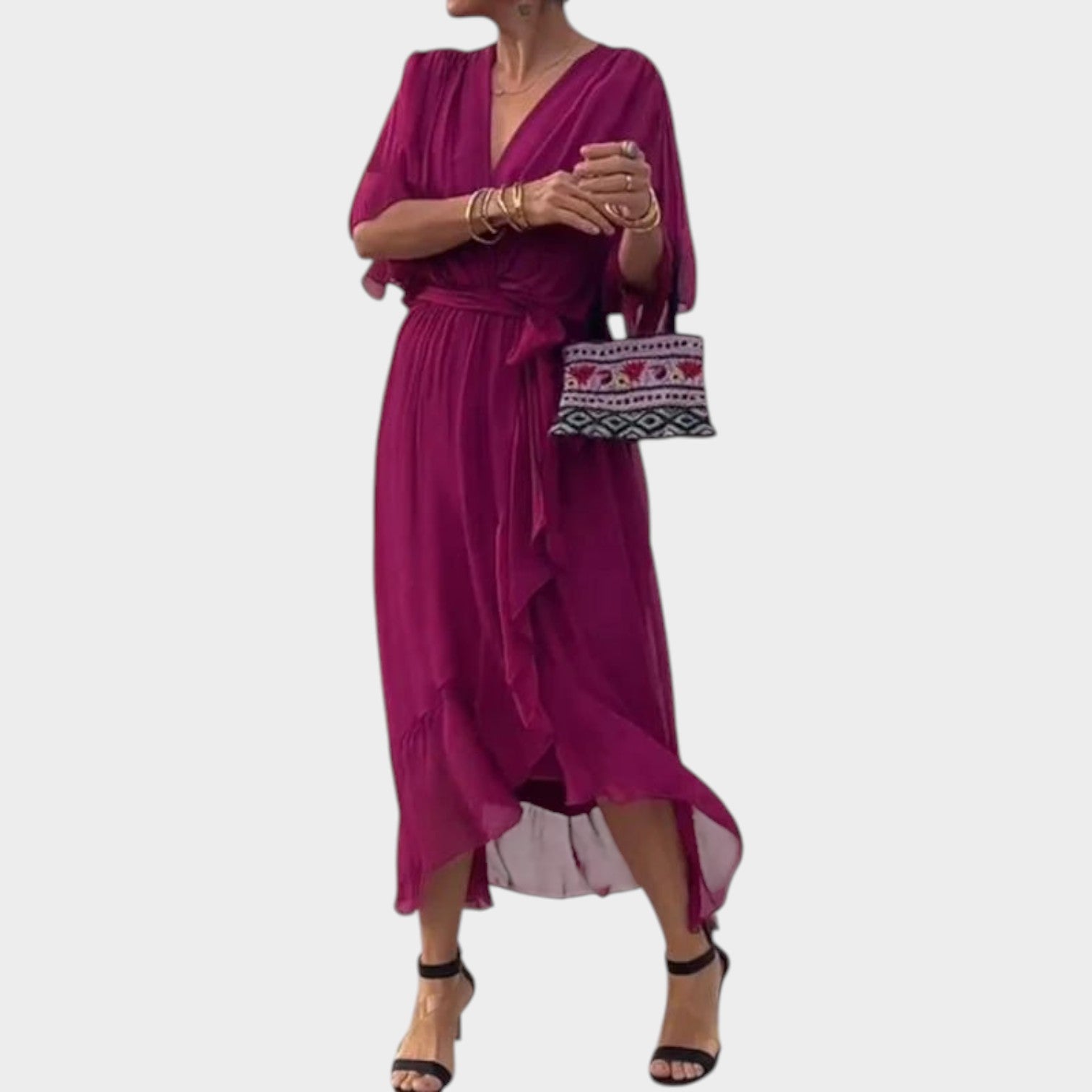 Cocktail Waist Tie V-Neck Midi Dress