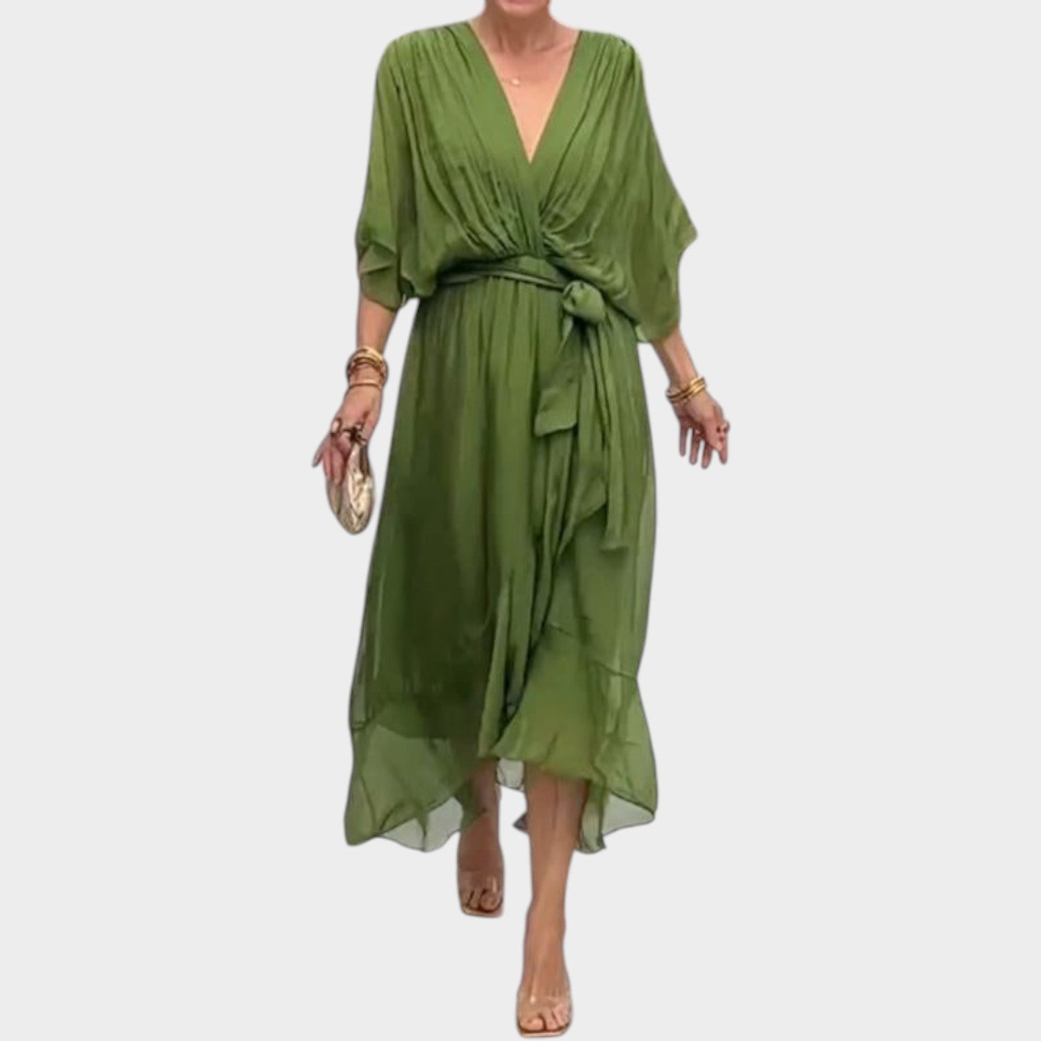 Cocktail Waist Tie V-Neck Midi Dress