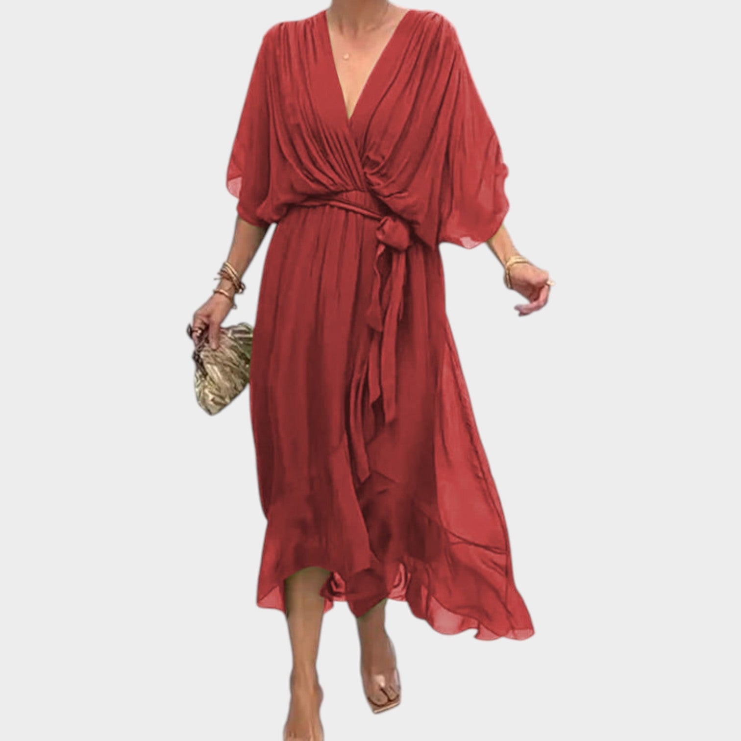 Cocktail Waist Tie V-Neck Midi Dress