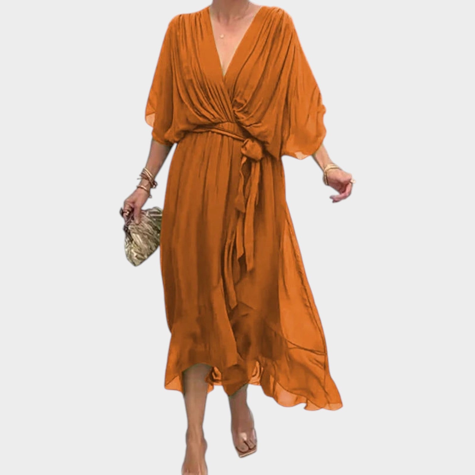 Cocktail Waist Tie V-Neck Midi Dress