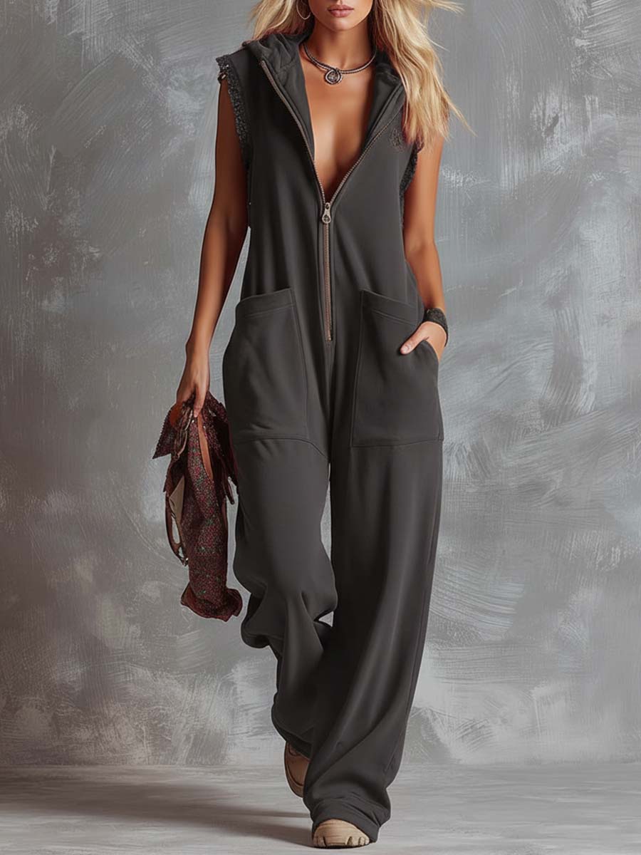 Kendra | Women's Red Sleeveless Hooded Jumpsuit