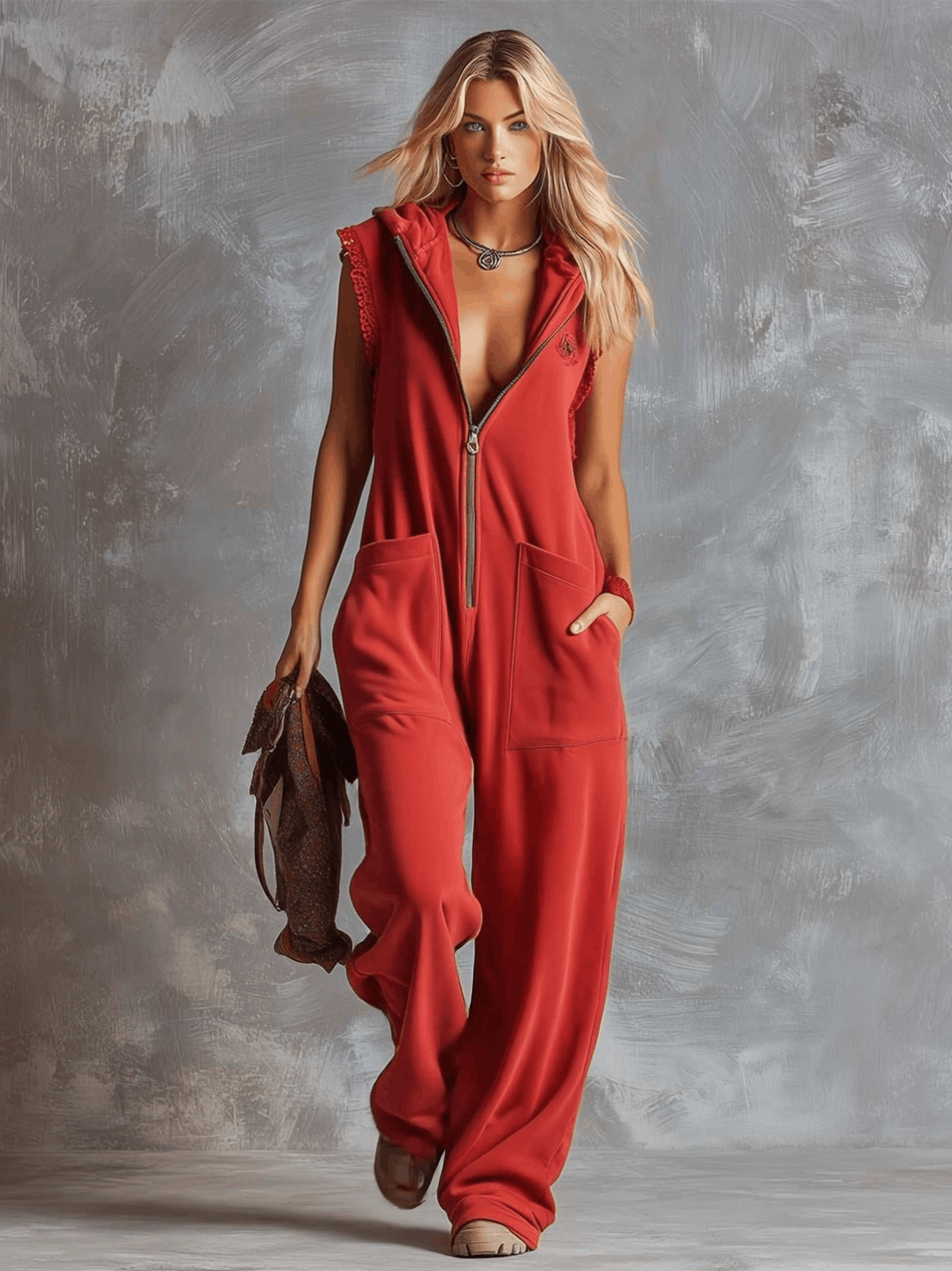 Kendra | Women's Red Sleeveless Hooded Jumpsuit