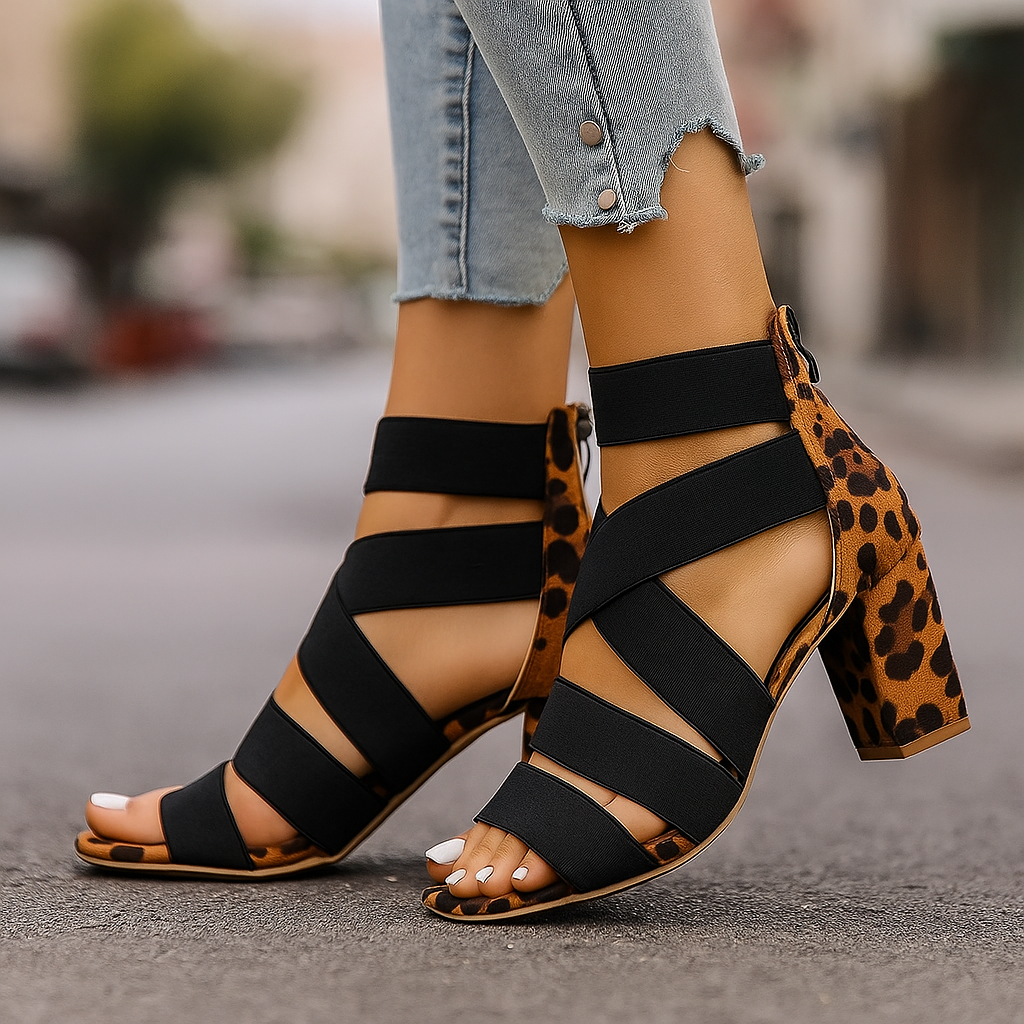 Lila | Women's Strappy Block Heel Sandals in Leopard Print