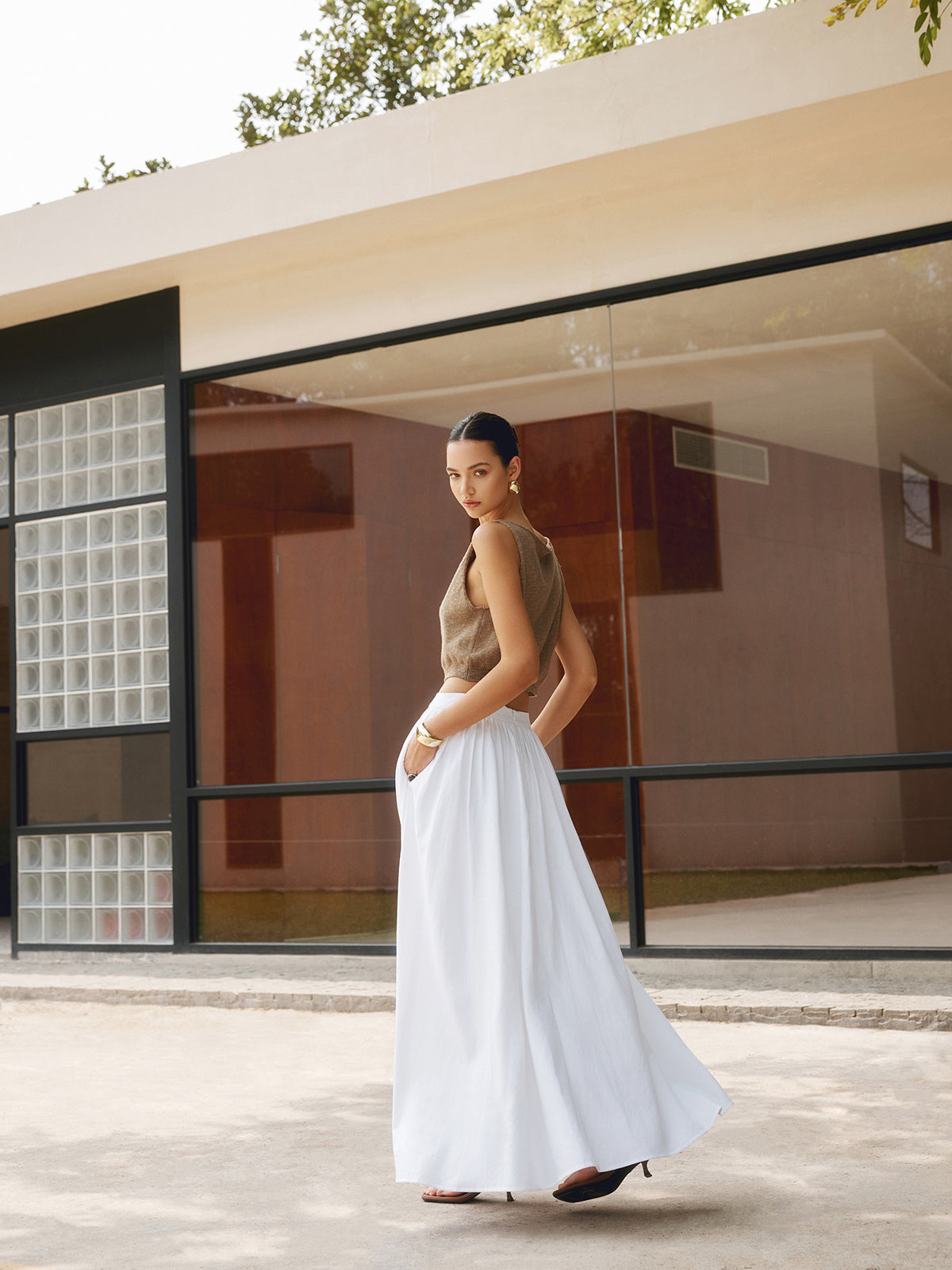 Florence | Women's High-Waisted Pleated A-Line Maxi Skirt Featuring Pockets