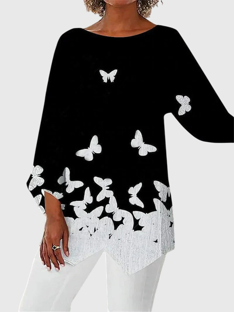 Lyanna | Women's Asymmetric Hem Top with Butterfly Print