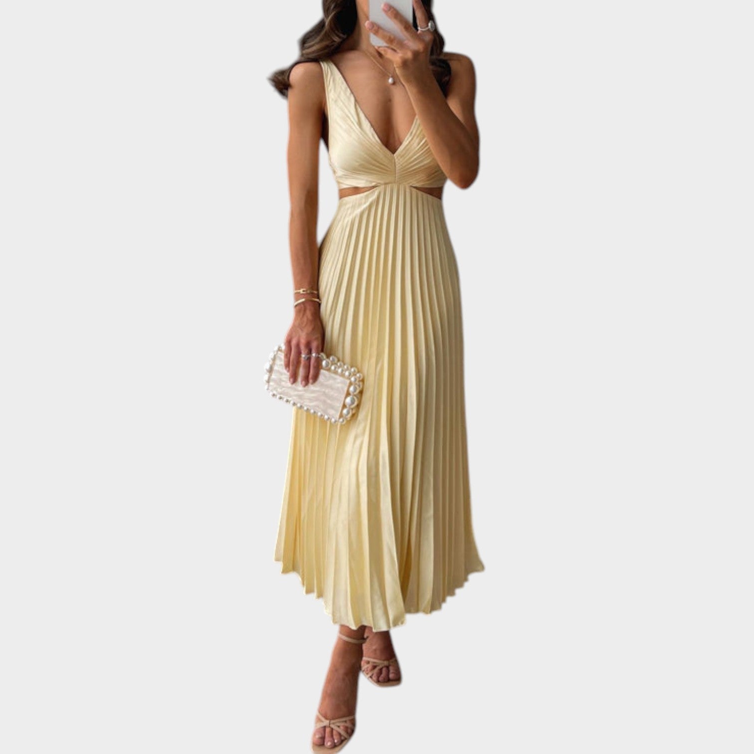 Pleated V Neck Maxi Wedding Guest Dress
