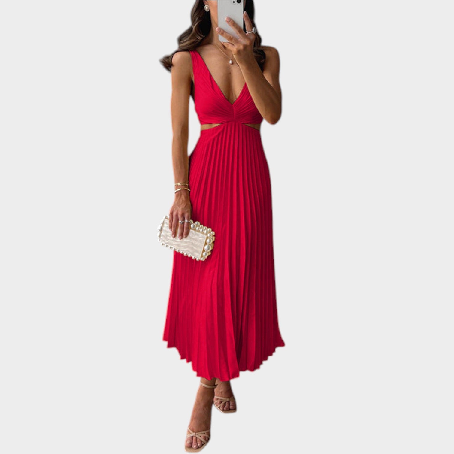 Pleated V Neck Maxi Wedding Guest Dress