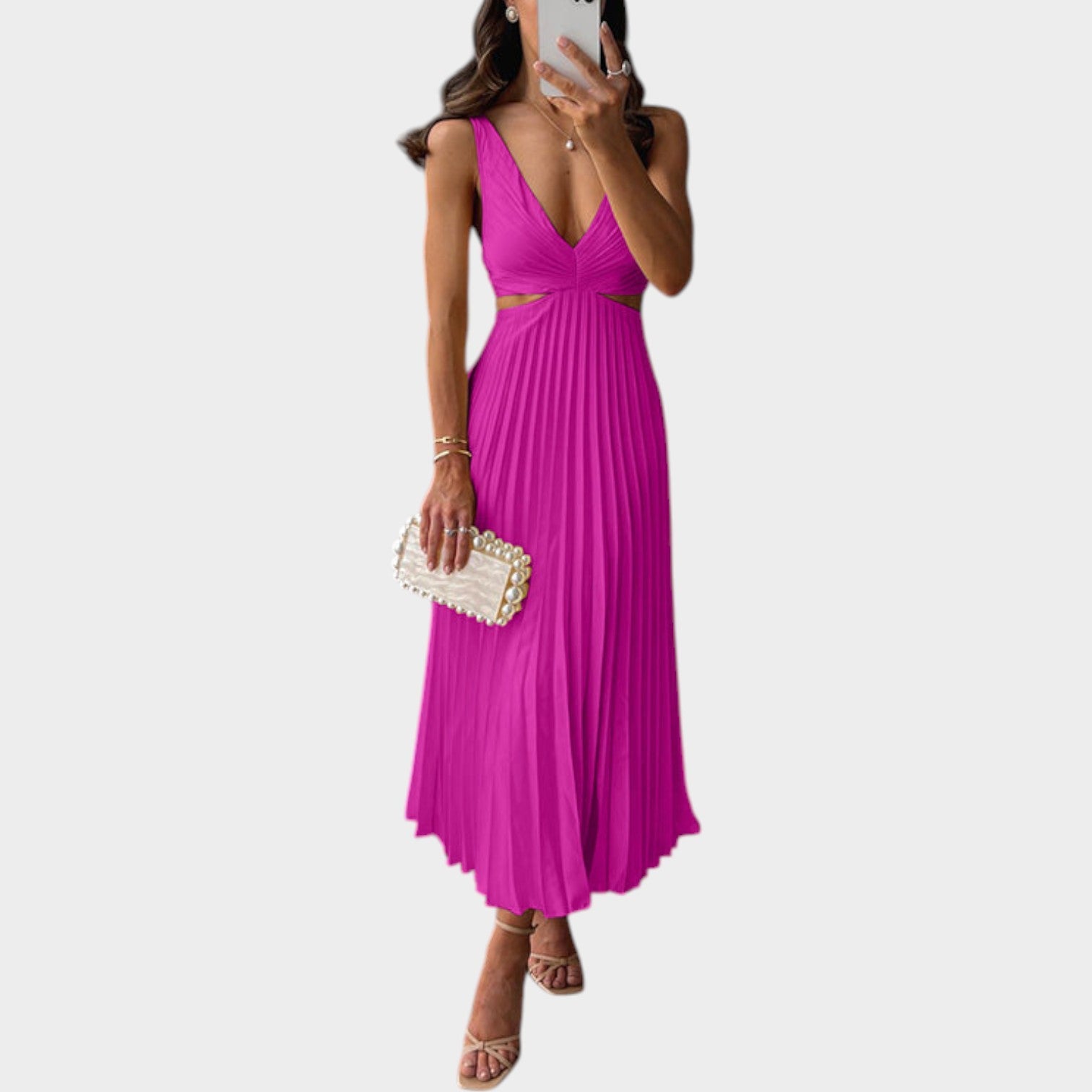 Pleated V Neck Maxi Wedding Guest Dress