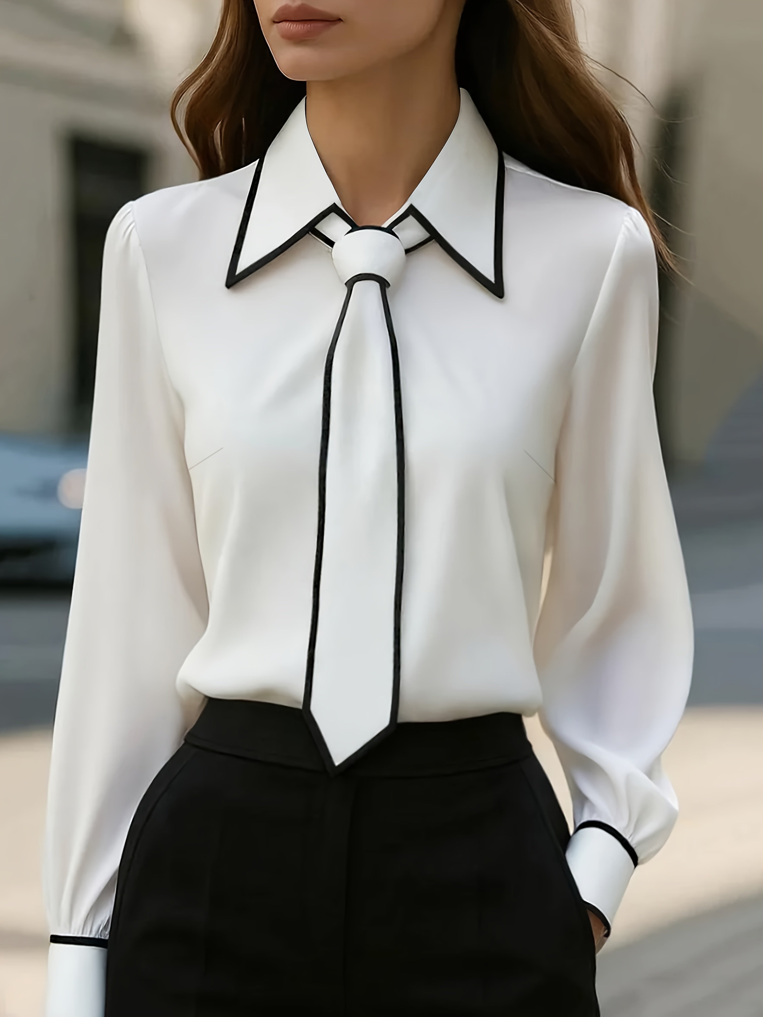 Vivian | Women's Long Sleeve Blouse with Tie Neck and Contrast Collar