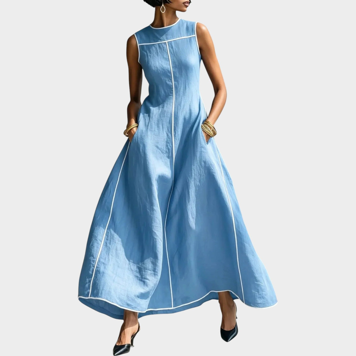 Women’s Sleeveless Maxi Dress with Contrast Trim and Flowing A-Line Skirt