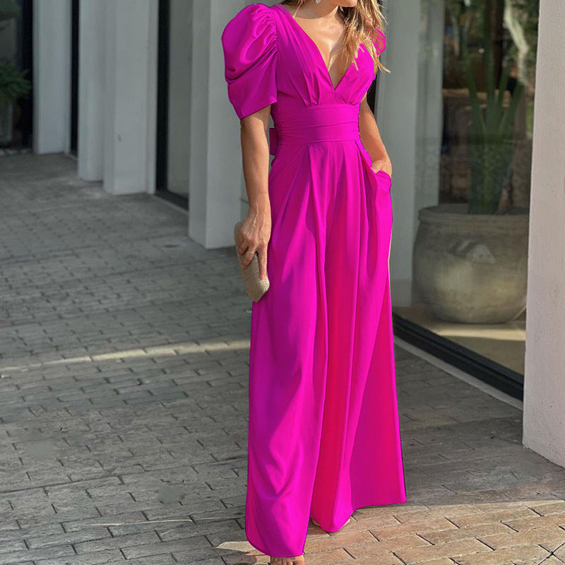 Marigold | Women's V-Neck Puff Sleeve Wide-Leg Jumpsuit