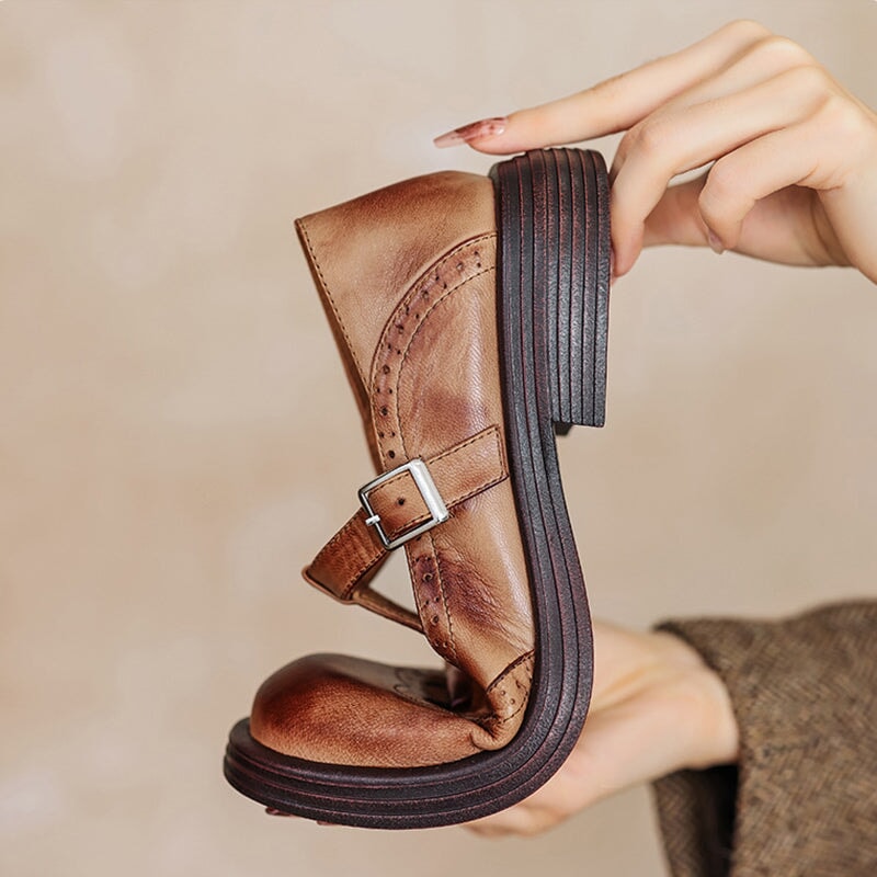 Rosie | Women's Brogue Block Heel T-Strap Mary Jane Leather Shoes