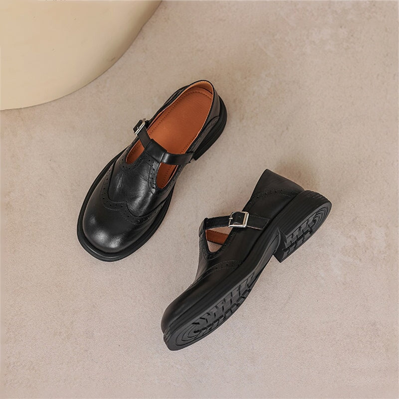 Rosie | Women's Brogue Block Heel T-Strap Mary Jane Leather Shoes