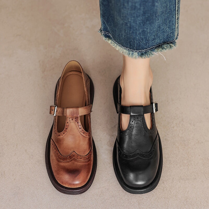 Rosie | Women's Brogue Block Heel T-Strap Mary Jane Leather Shoes