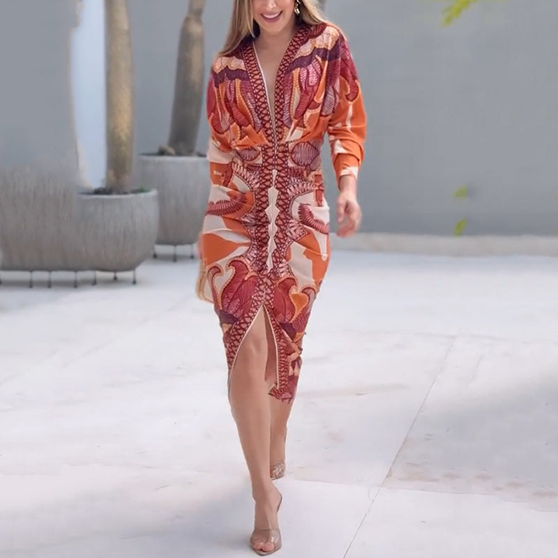 Narcissa | Women's V-Neck Printed Bodycon Midi Dress