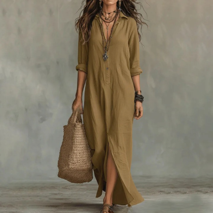 Ophelia | Women's Long Sleeve Maxi Shirt Dress with Collar