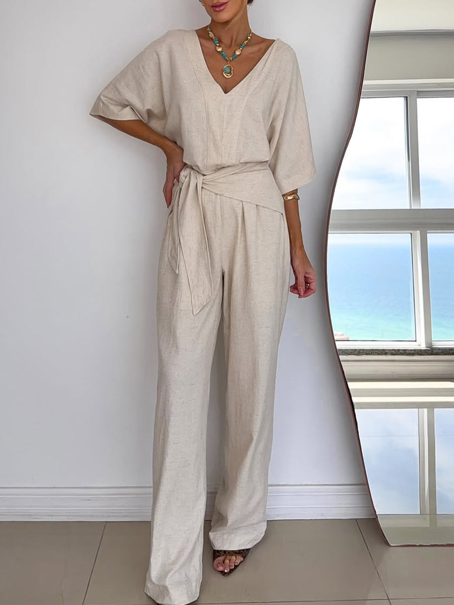Relaxed Tie-Waist Wide Leg Jumpsuit