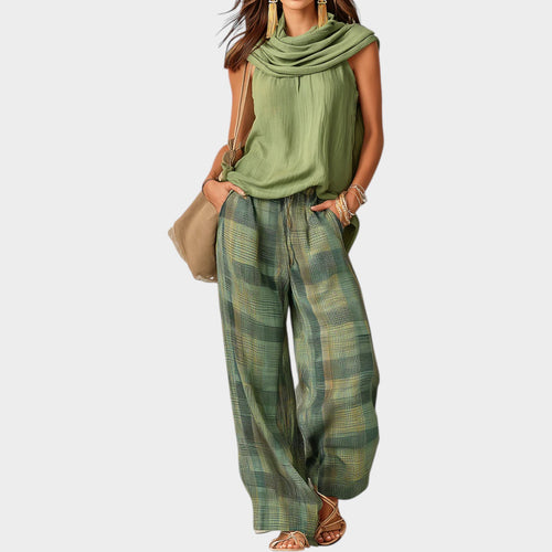 Linen Scarf-Neck Top with Wide Leg Pants