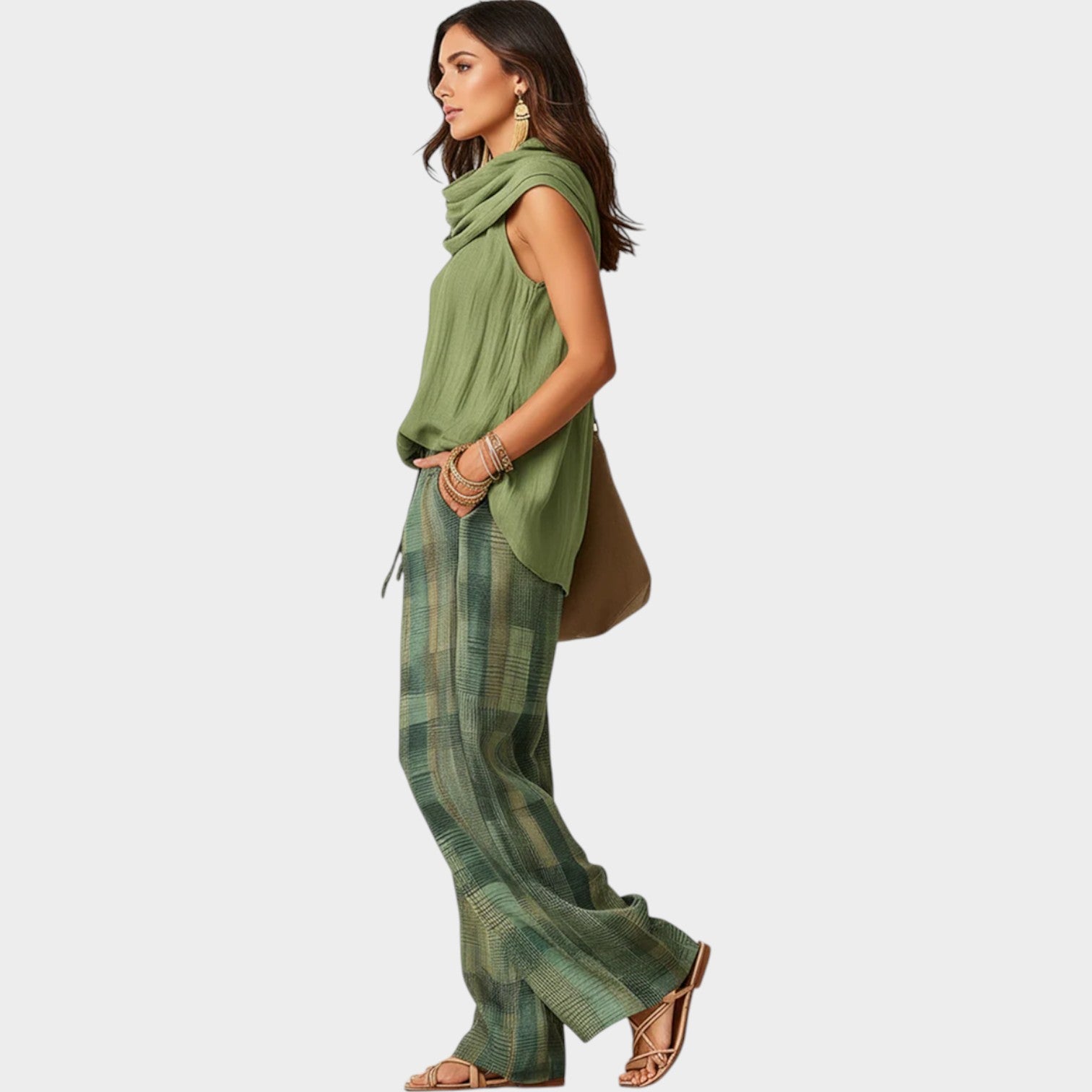 Linen Scarf-Neck Top with Wide Leg Pants