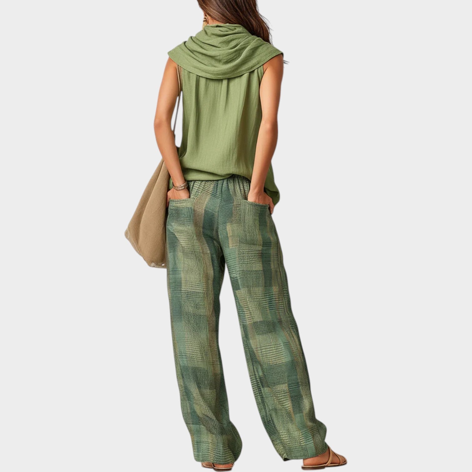 Linen Scarf-Neck Top with Wide Leg Pants