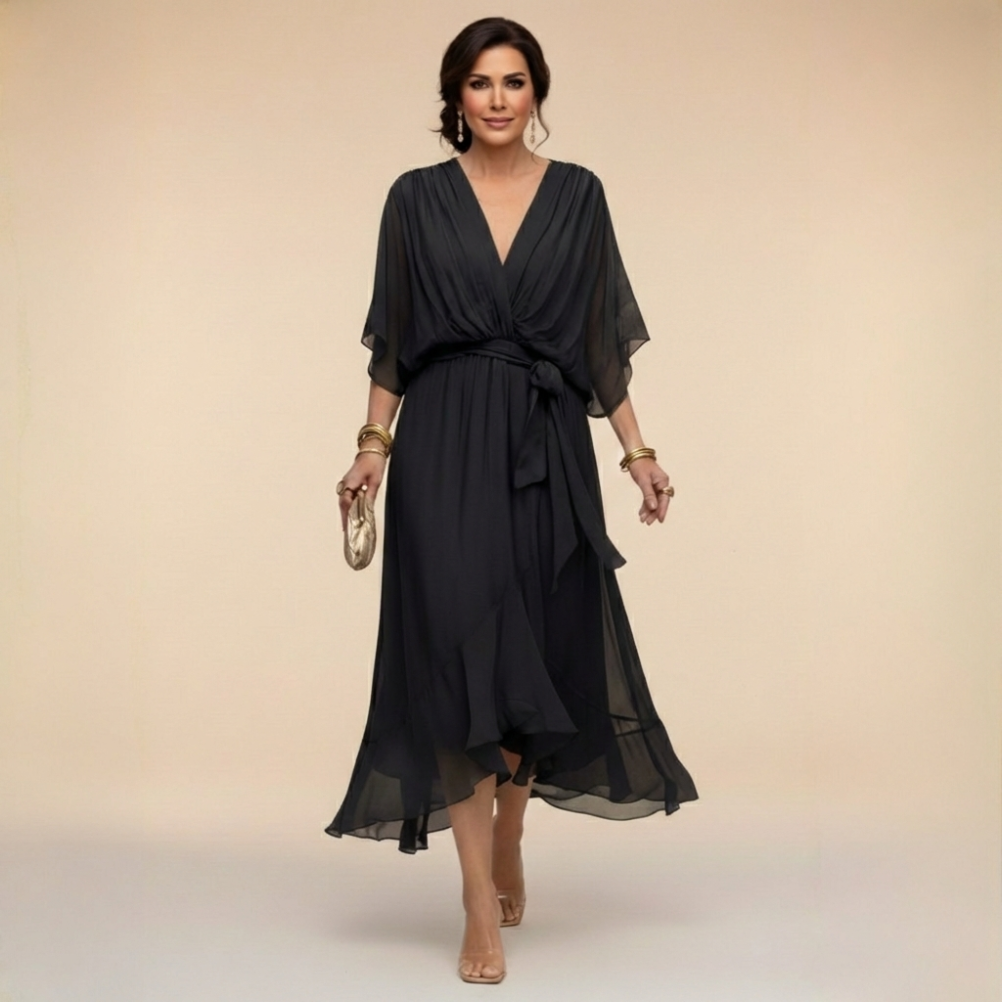 Penelope | Women's V-Neck Wrap Midi Dress" can be rewritten as:

"Penelope | Women's Midi Dress with V-Neck Wrap Design