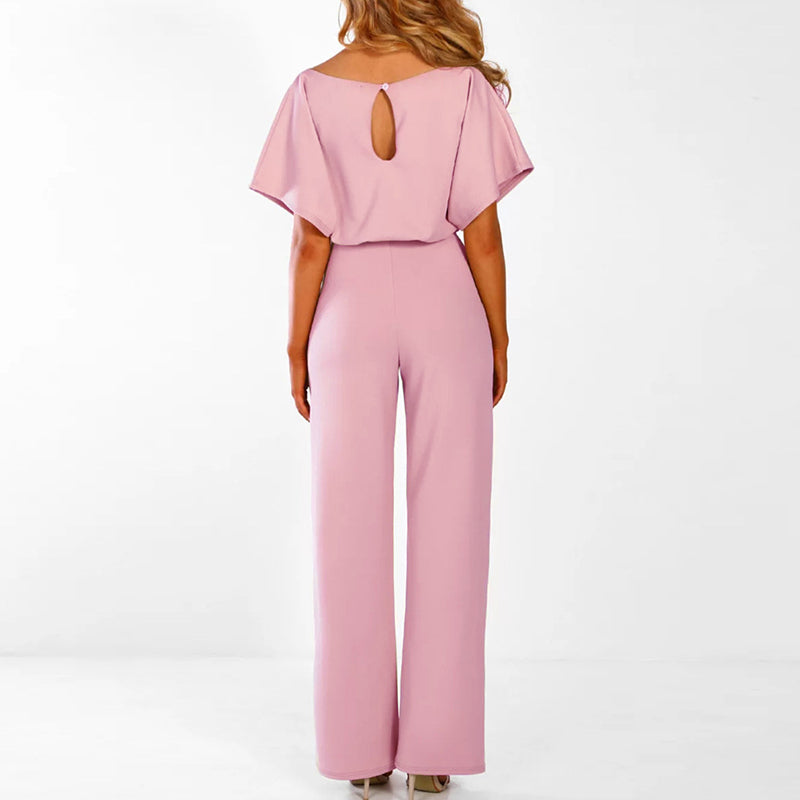 Penelope | Women's Belted Wide Leg Short Sleeve Jumpsuit