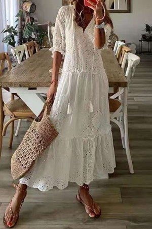 Flora | Boho Women's V-Neck Maxi Dress with Floral Print and Tassels