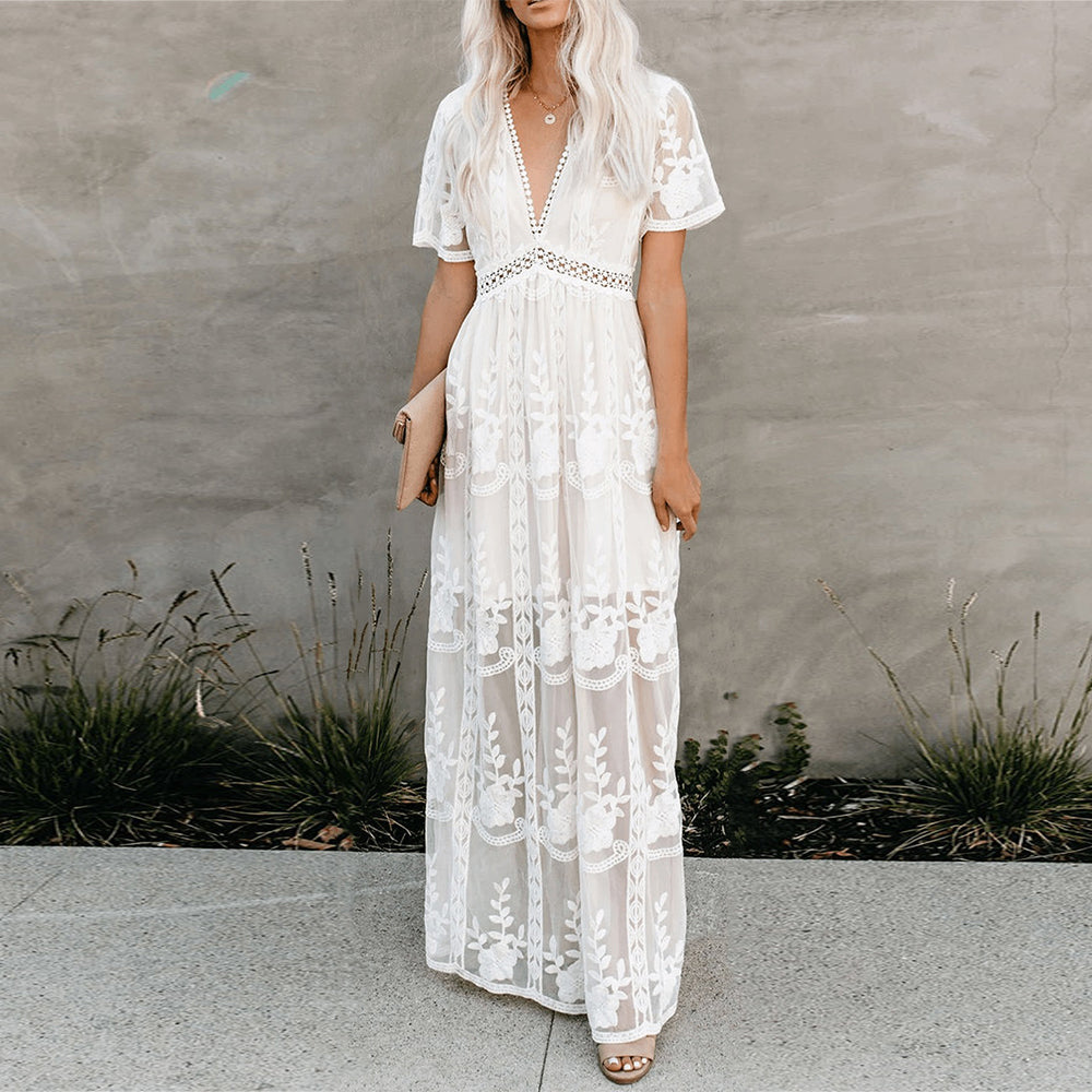 Women’s Boho Lace Maxi Dress with V-Neck and Short Sleeves