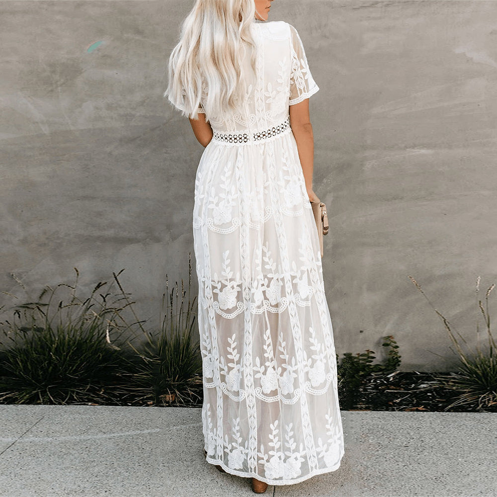Women’s Boho Lace Maxi Dress with V-Neck and Short Sleeves