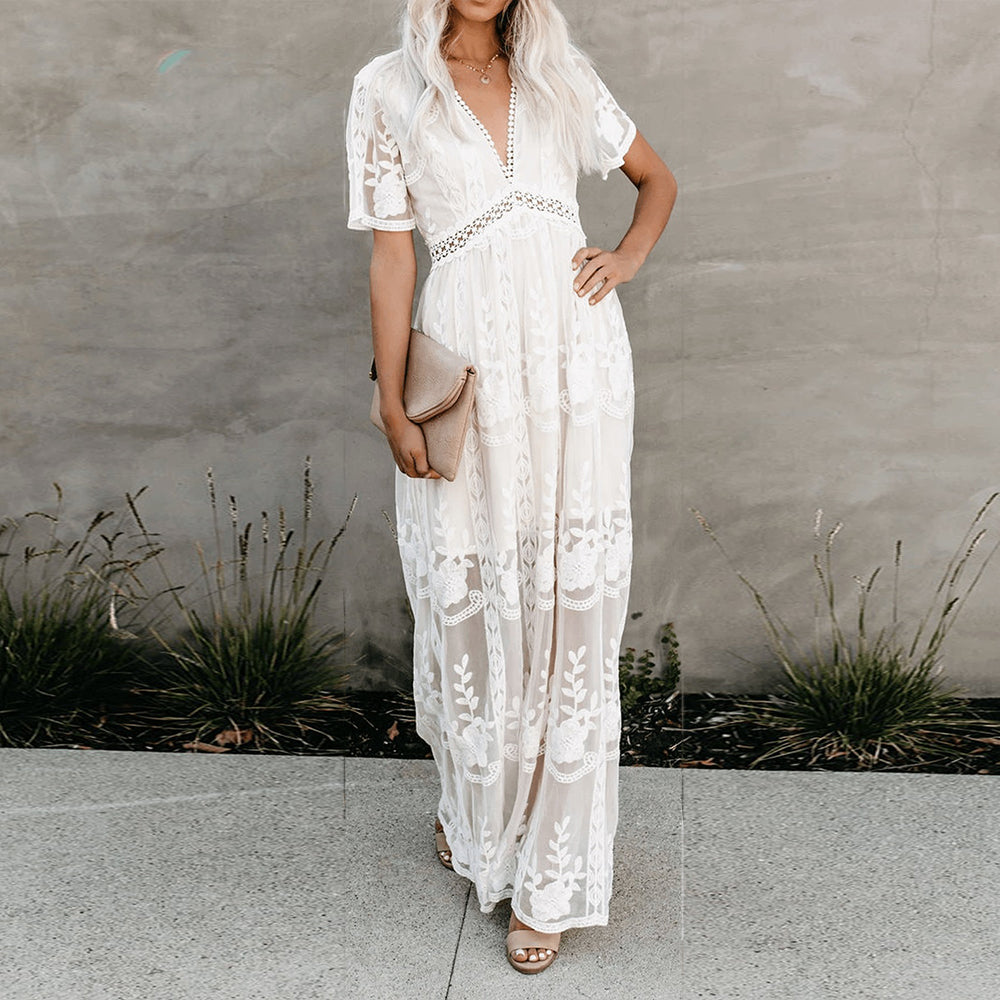 Women’s Boho Lace Maxi Dress with V-Neck and Short Sleeves
