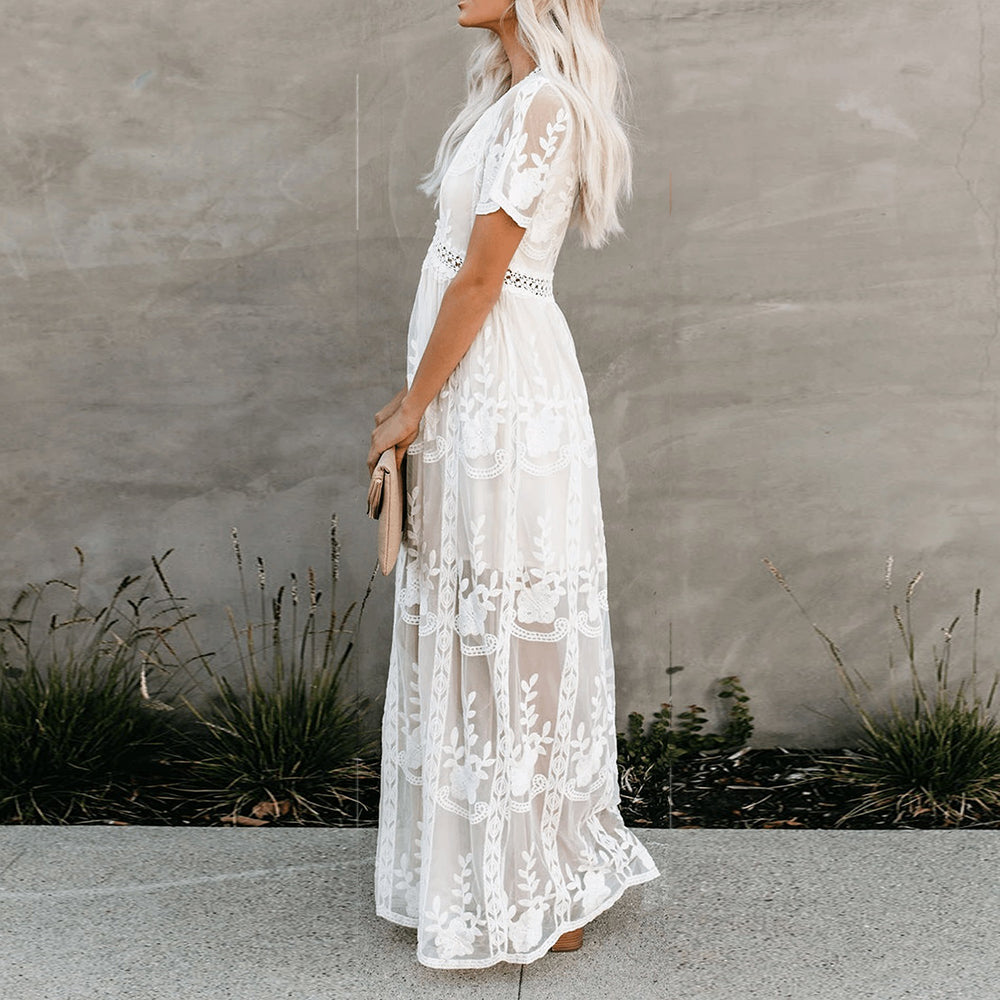 Women’s Boho Lace Maxi Dress with V-Neck and Short Sleeves