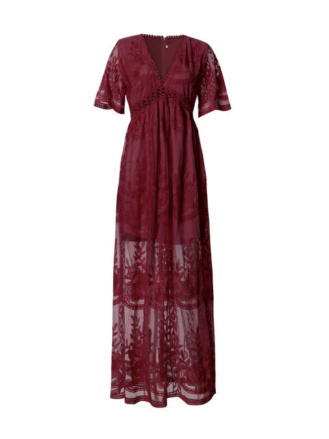 Women’s Boho Lace Maxi Dress with V-Neck and Short Sleeves