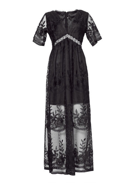 Women’s Boho Lace Maxi Dress with V-Neck and Short Sleeves