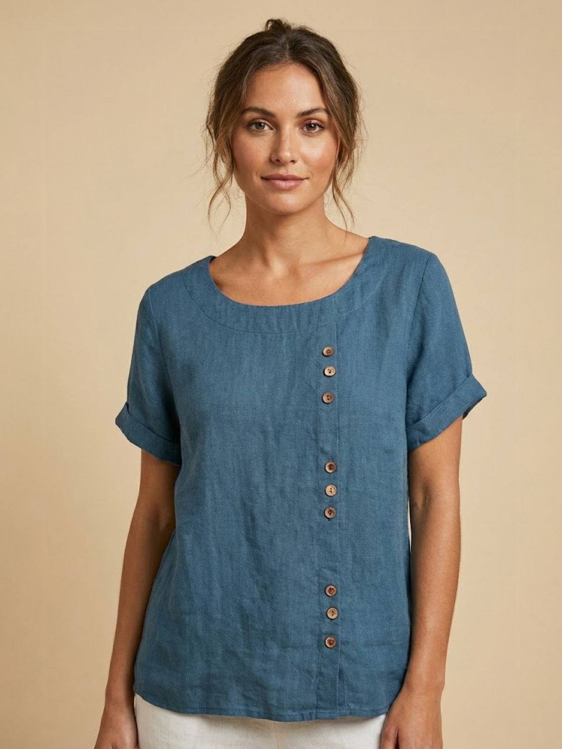 Foreen | Women's Casual Short Sleeve Top with Scoop Neck and Button Details