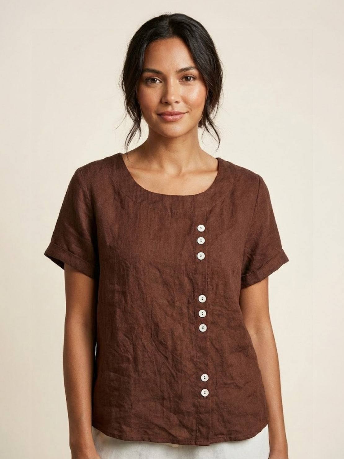Foreen | Women's Casual Short Sleeve Top with Scoop Neck and Button Details
