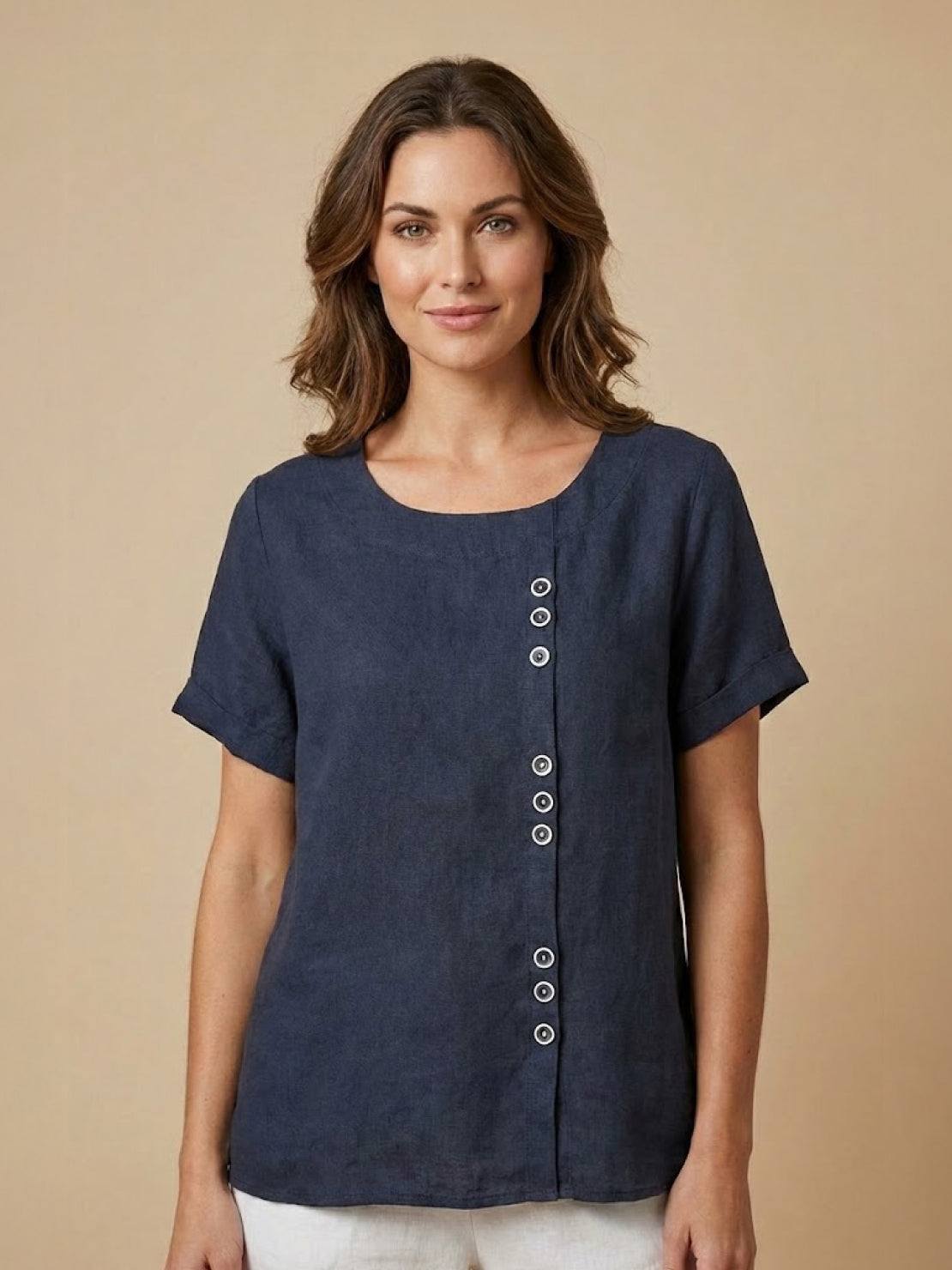 Foreen | Women's Short Sleeve Scoop Neck Top with Button Details