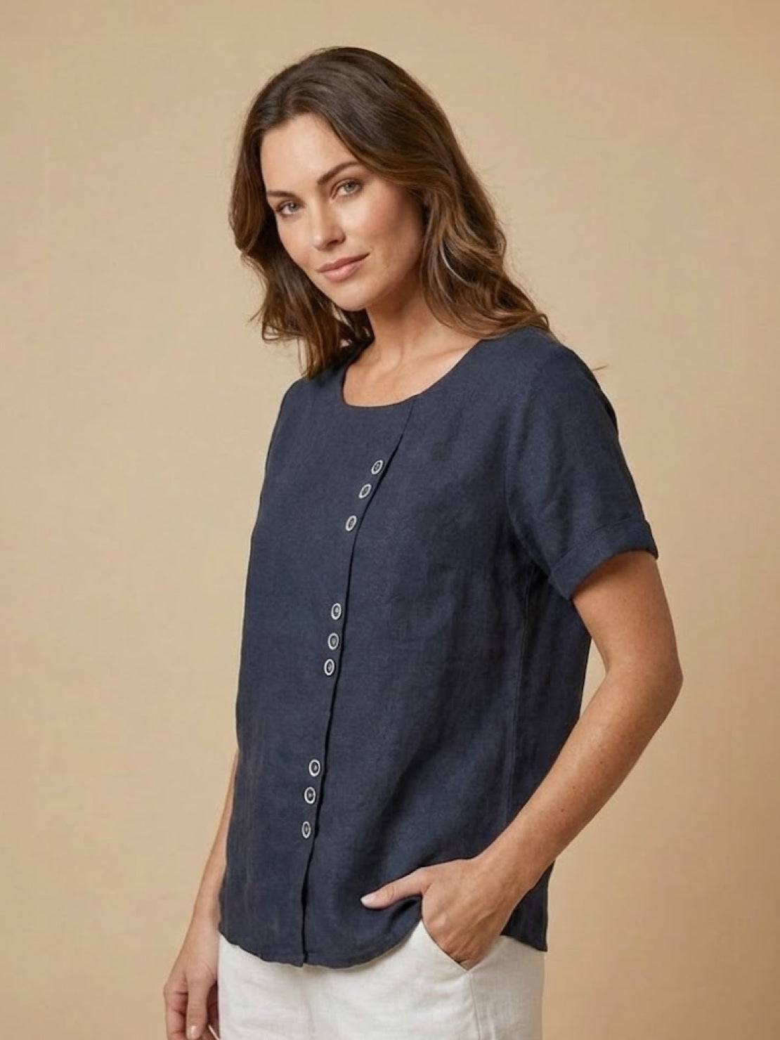 Foreen | Women's Short Sleeve Scoop Neck Top with Button Details
