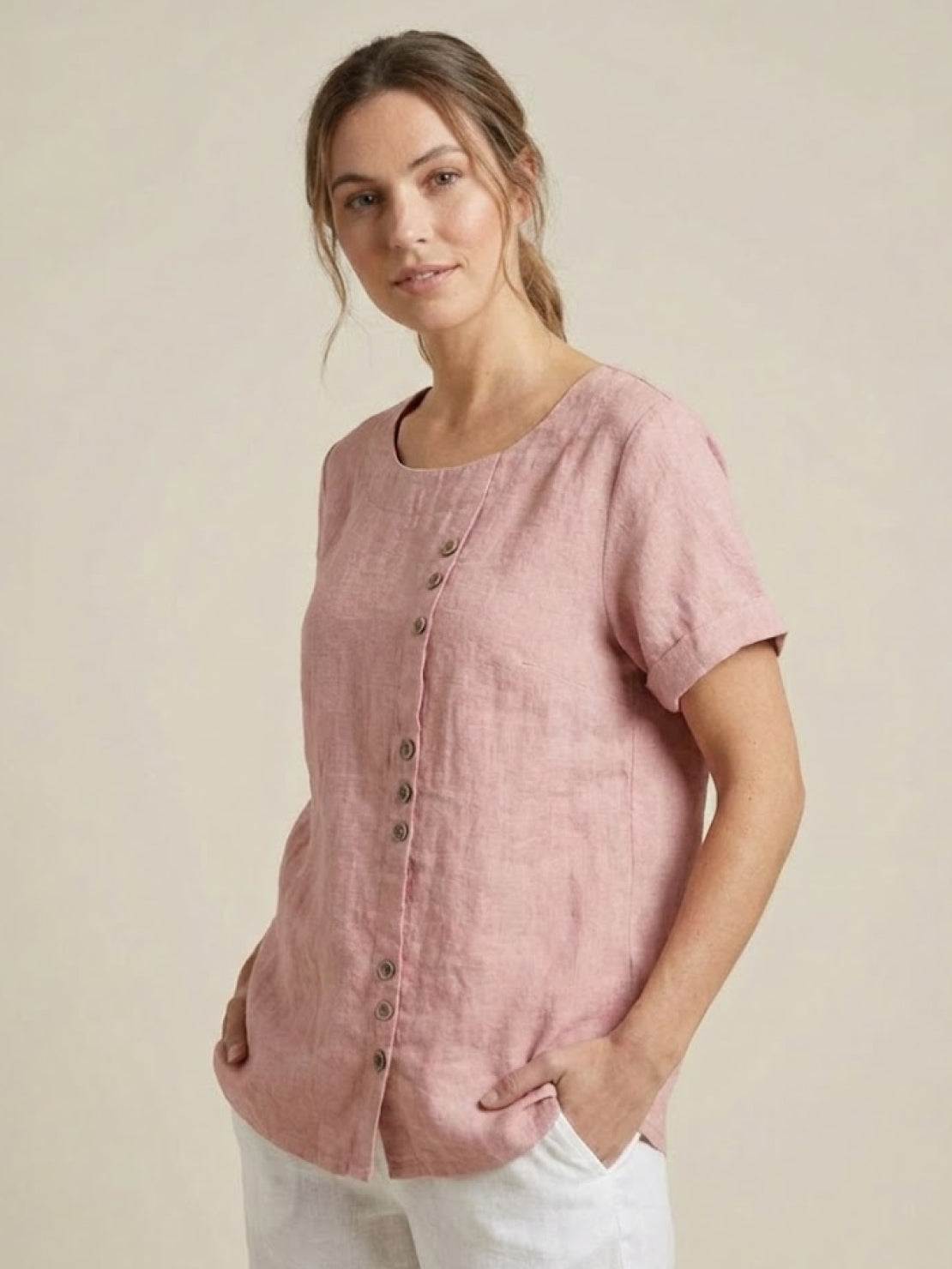 Foreen | Women's Casual Short Sleeve Top with Scoop Neck and Button Details
