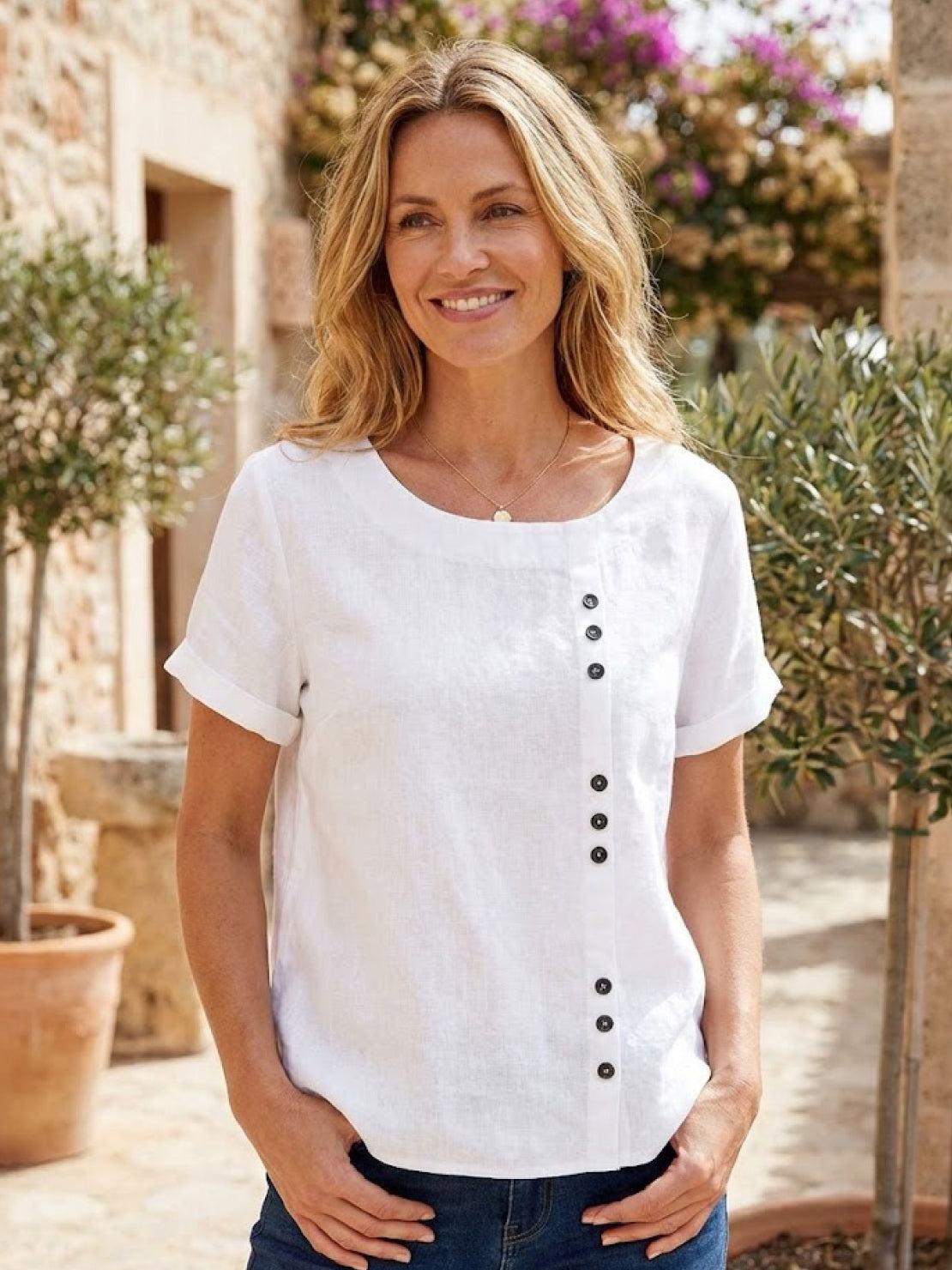 Foreen | Women's Short Sleeve Scoop Neck Top with Button Details