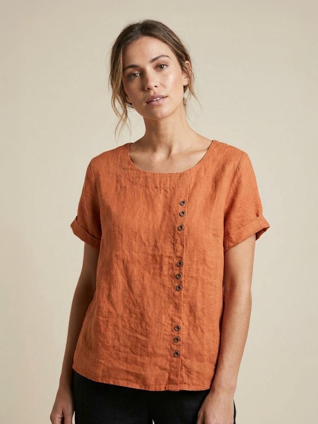 Foreen | Women's Short Sleeve Scoop Neck Top with Button Details