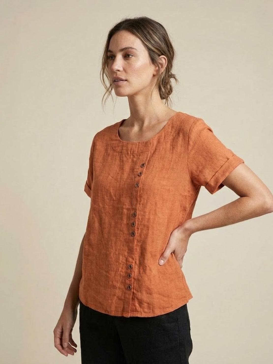 Foreen | Women's Short Sleeve Scoop Neck Top with Button Details